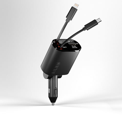 Image of AILKIN 120W 4 in 1 Retractable Car Charger,Fast Car Phone Charger,Retractable Cables & 2 USB Ports Car Adapter for Android Phones & iPhone 17 /16 /15 /14 /13 /12 /11 Pro Max,Xr,Ipad,Dash Cam & Other Devices