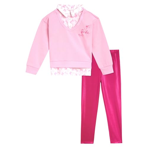Barbie Little Girls 2fer Drop Shoulder Fleece Sweatshirt and Leggings Outfit Set Pink 6 - image 1