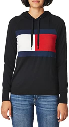 Tommy Hilfiger womens Performance Long Sleeve Hoodie Â– Pullover Sweaters for Women With Adjustable Drawstring Hood Shirt, Black 01, X-Small US