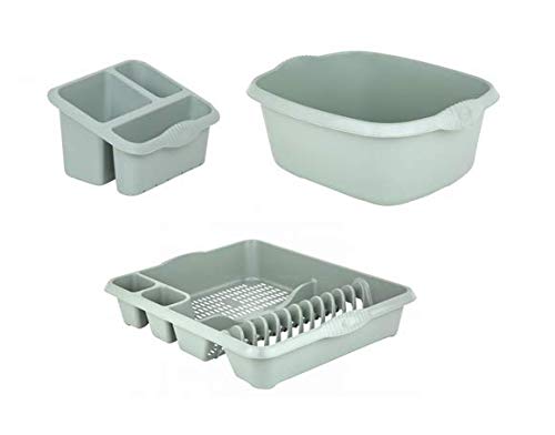 Galleries Plastic Large Kitchen Sink Set of 3 Rectangular Washing Up Bowl, Sink Tidy and Large Dish Drainer (Silver Sage)