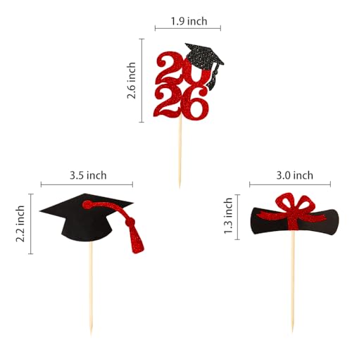 Image of Class of 2026 Red Glitter Graduation Cupcake Topper, Food /Appetizer Picks for Graduation Party (24pcs)