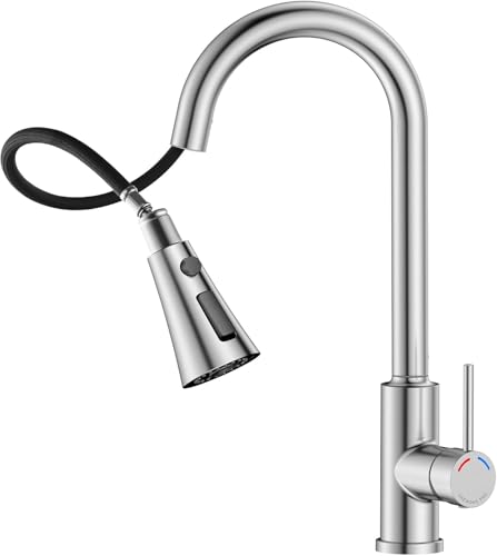 SREWOHS PRO Robinet de Cuisine à Ressort avec Douchette Extractible, Mitigeur Évier Bec Haut Pivotant 360°, 4 Modes de Jet, Acier Inoxydable Brossé, Installation 1 Trou (38,6 cm)