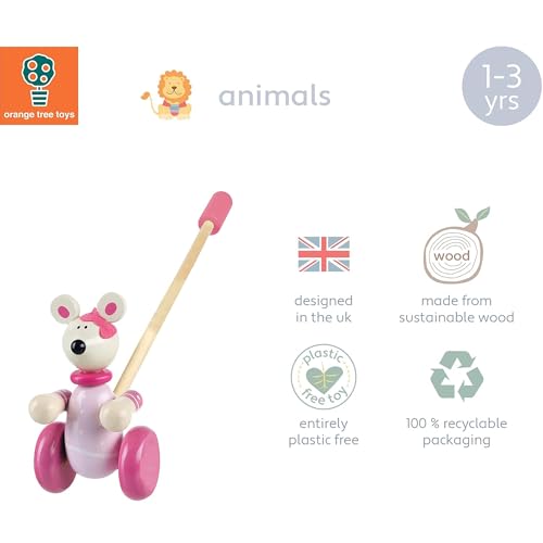 Image of Orange Tree Toys Pink Mouse Push Along | Colorful Wooden Toy for Toddlers Age 1+, Sustainably Made, Encourage First Steps & Develop Key Motor Skills