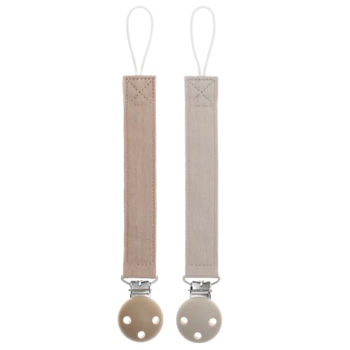 Image of Dirbabi Pacifier Clip Holder for Baby Boy and Girl, Soft Pure Cotton Fabric Paci Binky Clips Fits for Most Pacifier Teethers & Small Toys in Place (Sand+Light Grey)