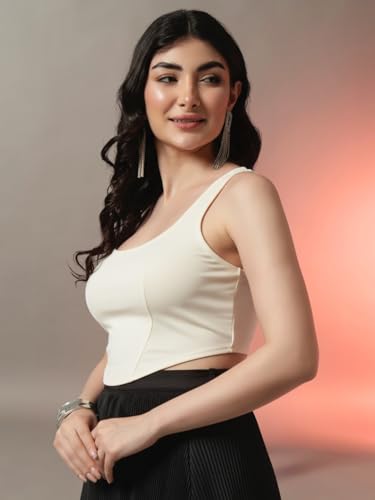 Image of Trend Arrest.ed Women's Stretchable Corset Style Crop Top | Square Neck Sleeveless Zipper Back Body-Hugging Fit | Casual
