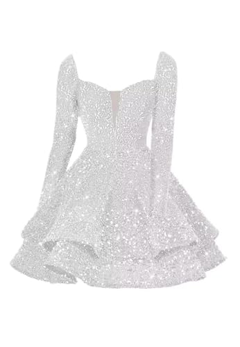 YOFF Sparkly Sequin Tiered Short Homecoming Dresses for Teens 2025 Long Sleeves Sweet 16 Prom Cocktail Dress YO221