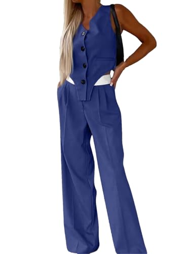 Women's Fashion Casual Suit Summer V-Neck Button Tops Pocket Loose Pants Two-Piece Suit