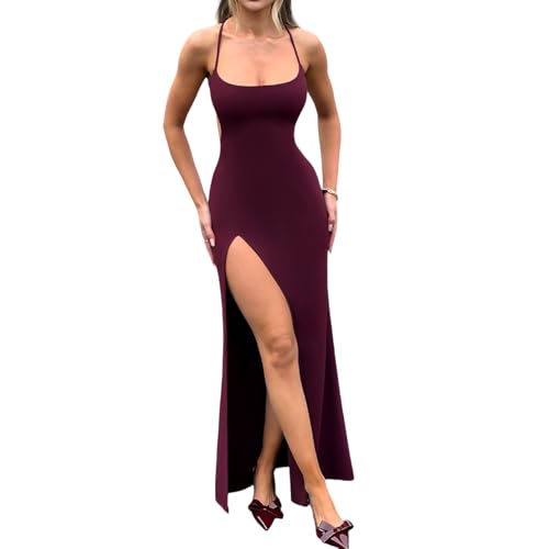 Women's Spaghetti Strap Backless Thigh   High Slit Bodycon Maxi Dress, Sexy Elegant Open Back Sleeveless Long Dress, Ladies Formal Evening Gown for Wedding Guest, Party, Club, Cocktail (Red,M)