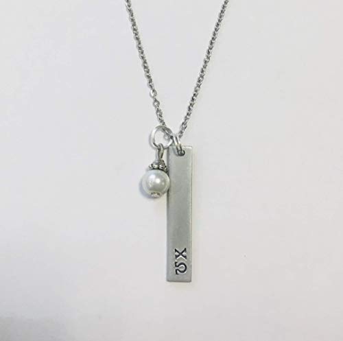 Chi Omega Bar Pendant Chi O, with glass pearl dangle, Sorority Greek Necklaces, comes on an 18 inch stainless steel link necklace with lobster claw Chi Omega Bar Pendant Chi O, with glass pearl dangle, Sorority Greek Necklaces, comes on an 18 inch stainless steel link necklace with lobster claw