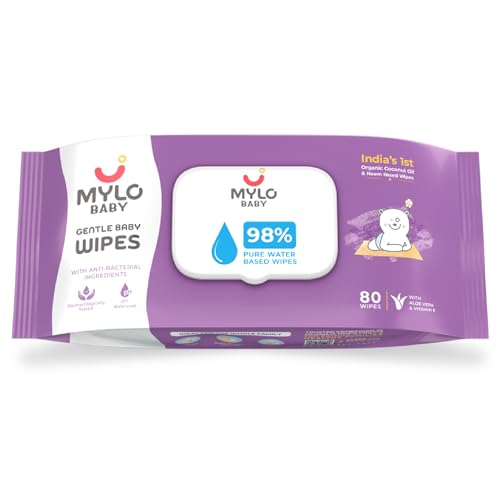 Mylo Gentle Baby Wipes with Lid (80 Wipes x 1 Pack - 80 Water Wipes) | Natural Wet Wipes with Organic Coconut Oil & Neem| Cotton Cloth with Extra Thick