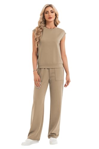 IVIR Zweiteiler Trainingsanzug Damen Tracksuit Kurzarm Lässige Crew Neck Jogginganzug Sommer Outfits Trainingsanzüge mit Taschen Khaki L