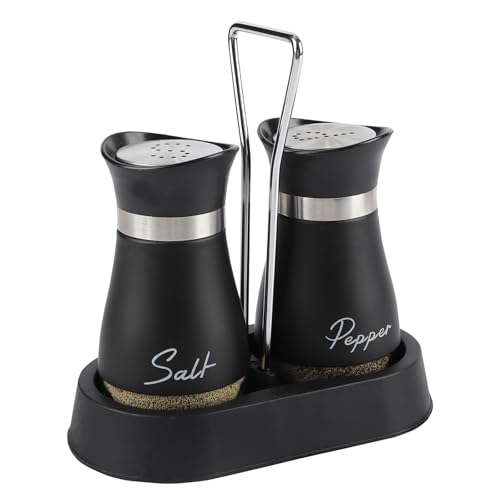 Salt and Pepper Sets,Salt and Pepper Shakers Sets with Holder,Set of 2 Stainless Steel and Glass Bottle Stainless Steel,Salt Shaker Dispenser for Cooking, BBQ (Black)