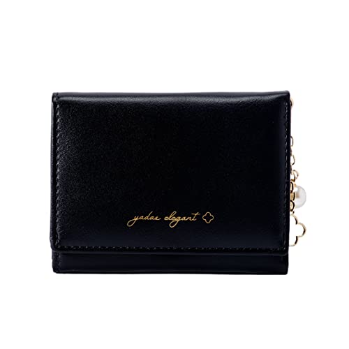 Sunwel Fashion Elegant Small Wallet with Chain Decoration Cash Credit Card Holder ID Window for Women Girls (BLACK)