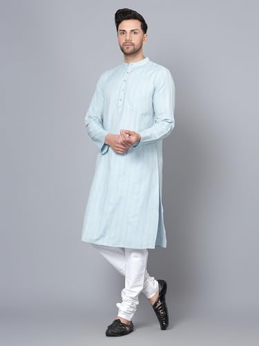 Image of LATEST CHIKAN Men's Cotton Regular Striped Knee Lenght Kurta Full Sleeves - Casual Ethnic Wear