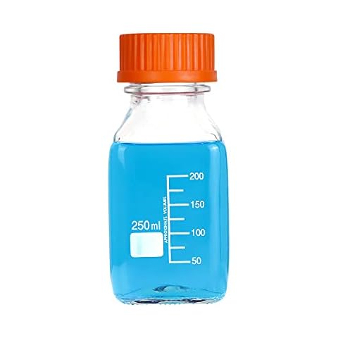 Pastein 10 pieces 250ml Square Glass Media Bottle Graduated Storage Bottle with GL45 Polypropylene Orange Cap Cover