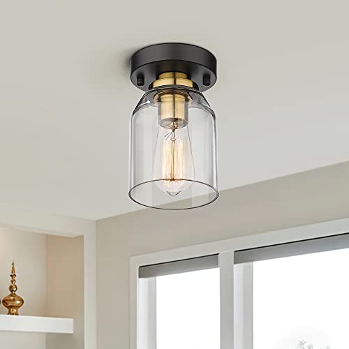 Image of zeyu 2 Pack Farmhouse Ceiling Lights, Small Semi Flush Mount Light Fixtures with Clear Glass Shade for Kitchen Hallway Laundry Room, Black and Gold Finish, ZG33F-2 BK+BG