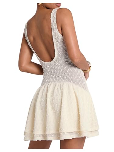 SOLY HUX Women's Summer Crochet Knit Mini Dress Deep V Neck Sleeveless Ruffle Layered A Line Vacation Party Dresses2