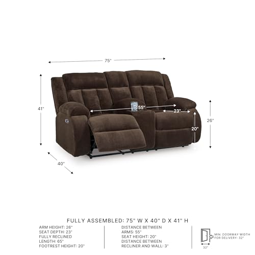 Image of Signature Design by Ashley Power Reclining Loveseat with Console, Free Wake, Wall Hugger Design with Zero-Draw USB Ports, Extra Plush Velvet Upholstery, Chocolate, 75 inch W