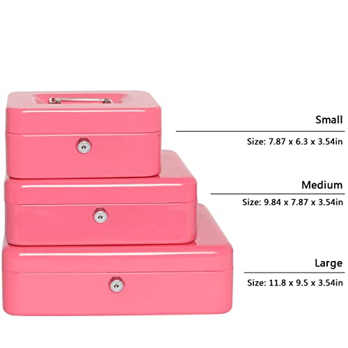 Kasten Cash Box With Money Tray And Key Lock, Metal Money Storage Box, 11.8"X 9.5"X 3.5", Large Pink #TOP7