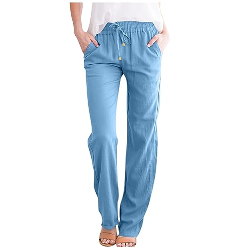 Straight Leg Linen Pants Women Summer Drawstring Elastic Waist Comfy Work Pants Casual Loose Beach Trouser Pants