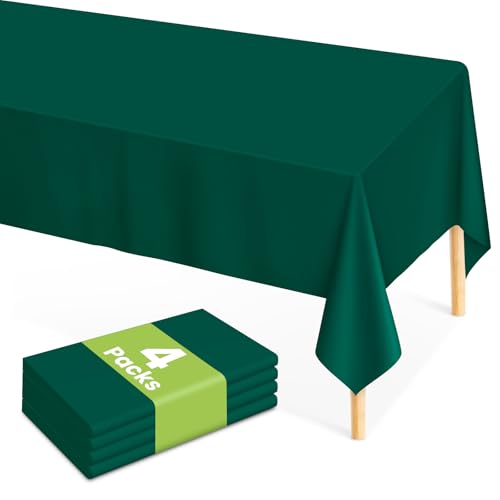 Image of Mulbozy Dark Green Plastic Table Cloth Disposable 4 Pack, 54 x 108 Inch Tablecloths Rectangle, Green Plastic Table Cover for Party Decor