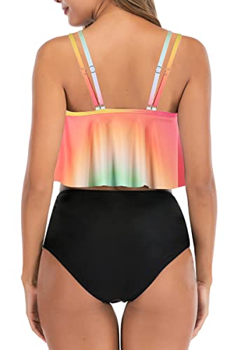 Image of Women High Waisted Bikini Swimsuit Flounce Vintage 2 Piece Bathing Suits | Vintage,tummy control,two piece bathing suits,plus size,swimwear,ruffled,tankini top,bikini bottom