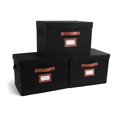 3 Pack Large Fabric Storage Bins with Lid – Decorative Box with Lid, Label Holder, Faux Handles – Large Decorative Storage Boxes with Lids for Organizing Clothes, Blankets – Black