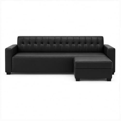 Image of FURNY Luxe 4 Seater L Shape Sofa Set with Movable Ottoman | Flexible Left or Right Layout | Premium Leatherette Upholstery (Black) | Perfect for Living Room, Guest Room & Office