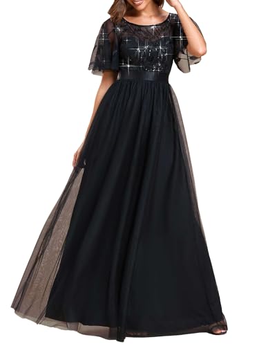 Ever-Pretty Women's Elegant Crew Neck Sequin Ruffle Sleeve Empire Waist