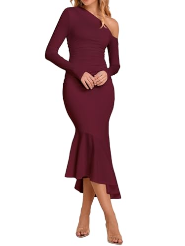 Parthea Women One Shoulder Long Sleeve Ruched Bodycon Midi Dress Fall Wedding Guest Elegant Cocktail Party Gown