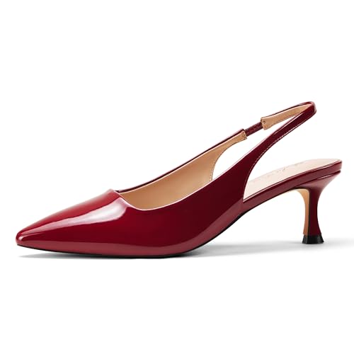 Elisabet Tang 2IN Trendy Closed Toe Slingback Kitten Heels for Women Low Dressy Pumps Wide Width Sexy for Prom Wine red Size 8