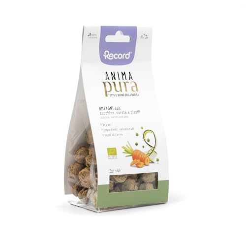 Record - Snack Vegani Anima Pura per Cani. Biscotti Naturali Cotti al Forno al gusto di Zucchine, Carote e Piselli. Snack Bio per Cani, Made in Italy | 100 g