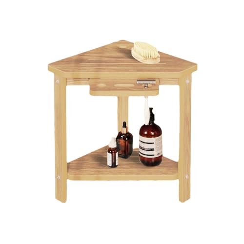 ‌2 Tier Solid Wood Bathroom Shelf & Bath Stool‌,Shower Foot Rest,Free-standing Corner Dual-tier Storage Rack,Non Slip Design and a Secure Shaving Leg Support for Bathroom,Bathroom Storage Organizer.