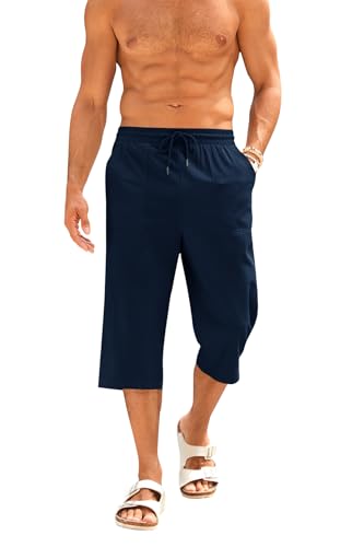 Runcati Mens Cotton Linen Bermuda Shorts 3/4 Length Summer Trousers Yoga Jogger Casual Sweatpants Sports Leisure Trouser with Pockets darkblue L