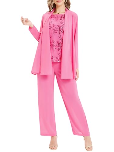 Womens 3 Pieces Lace Pants Suits Elegant Mother of Bride Sequin Tank Top Dressy Suit Sets for Wedding Formal Outfit