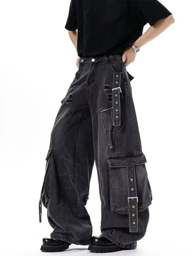 Baggy Cargo Jeans for Men Y2K Low Rise Vintage Distressed Grunge Pant Hip Hop Harajuku Fashion Streetwear with Pocket3