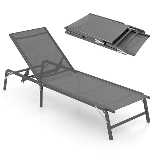 COSTWAY Tumbona Jardin Exterior Plegable Textilene, Tumbona Reclinable on Respaldo Ajustable en 5 Posiciones, Estructura de Metal, Espreguiçadeira Jardim Playa Jardin Piscina, 183 x 60 x 54 cm