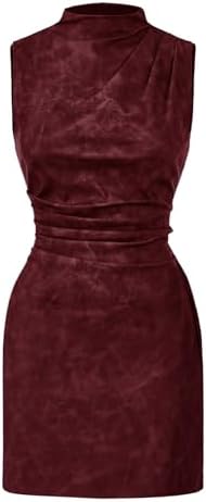 Women's PU Leather Ruched Bodycon Dresses Mock Neck Sleeveless Zi...