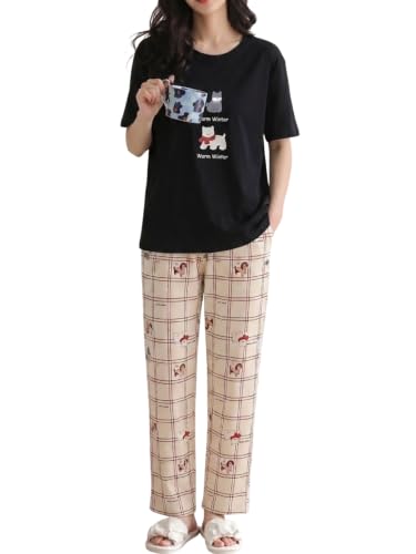 Image of Women's Korean Style Looper Fabric Nightsuit Set | Cute Print Half Sleeve T-Shirt & Pajama Set | Soft Comfortable Nightwear & Loungewear for Women