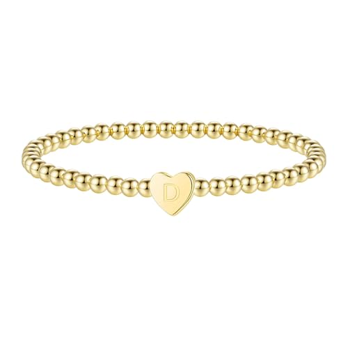 Image of Heart Initial Bracelets for Women Girls - 14K Gold Plated Letter Initial Bracelet Beaded Heart Bracelets for Women Trendy Kids Teen Girl Gifts Trendy Stuff Gold Jewelry
