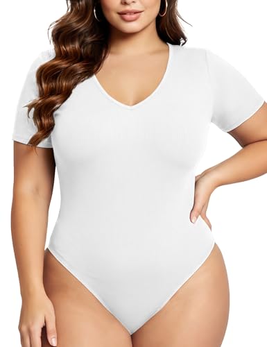 Image of COOTRY Plus Size Short Sleeve Bodysuit For Women V Neck One Piece Body Suit | Breathable Stretch&Lightweight,Basic Slim Fit Shirts Tops,Plus Size Casual Leotards For Dating Travel Daily Outfits