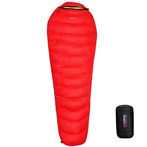 GINZIN Daunenschlafsack,Tragbare Mumienschlafsacke 4 Jahreszeiten für Erwachsene Outdoor Camping mit Kompressionssack Winter Schlafsack (Normal, Rot) Cover