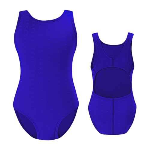 Kids Girls Athletic Swimsuit One Piece Solid Swimwear for Practice and Competition in Black and Navy Bathing Suit (Blue, 9-10 Years)