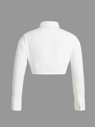Image of The Souled Store Cropped Shirt: Ivory Women and Girls Long Sleeves Collared Neck Button Front Solid White Cotton Oversized Fit Lightweight Cropped Tops