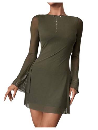 Image of GORGLITTER Women's Bell Long Sleeve Mini Dress Y2k Fall 2025 Mesh Boat Neck Going Out Club Bodycon Short Dress