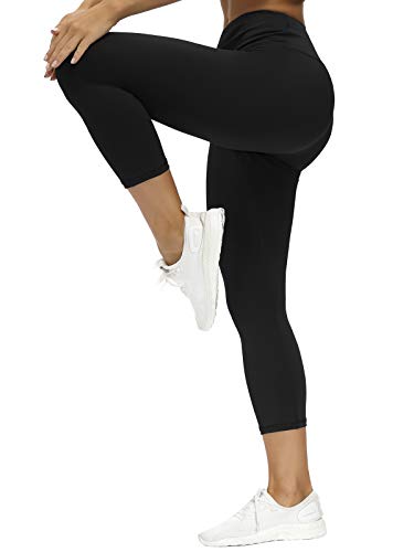Yige Women's High Waist Yoga Capris, Tummy Control Workout Yoga Leggings with Inner Pocket Stretch Cropped Pants for Running Athletic Black -L