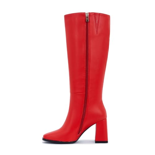 Image of Knee High Boots for Women - Wide Calf Boots with Zipper, Square Toe Tall Leather Boots, Chunky Heel Fashion Long Boots