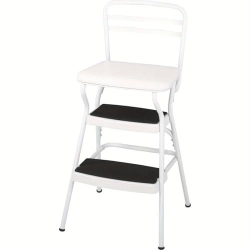 Retro Chair + Step Stool with Flip-Up Seat, White, stepladder