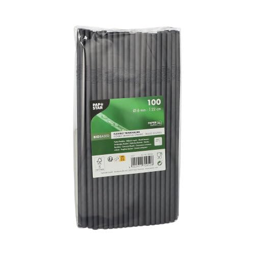 PAPSTAR Cannucce di carta Pure Ø 6 mm, 22 cm, nero flessibile, 88366, cannucce di carta con piega, ecologiche, 1000 pezzi