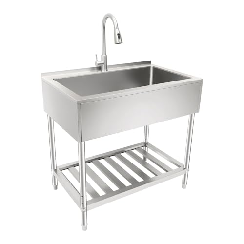 Liffshsy Stainless Steel Freestanding Utility Sink with Pull Out Faucet & Storage Shelf, Single Bowl Commercial Laundry Sink for Garage, Kitchen, Laundry Room, 36x22x34 Inch